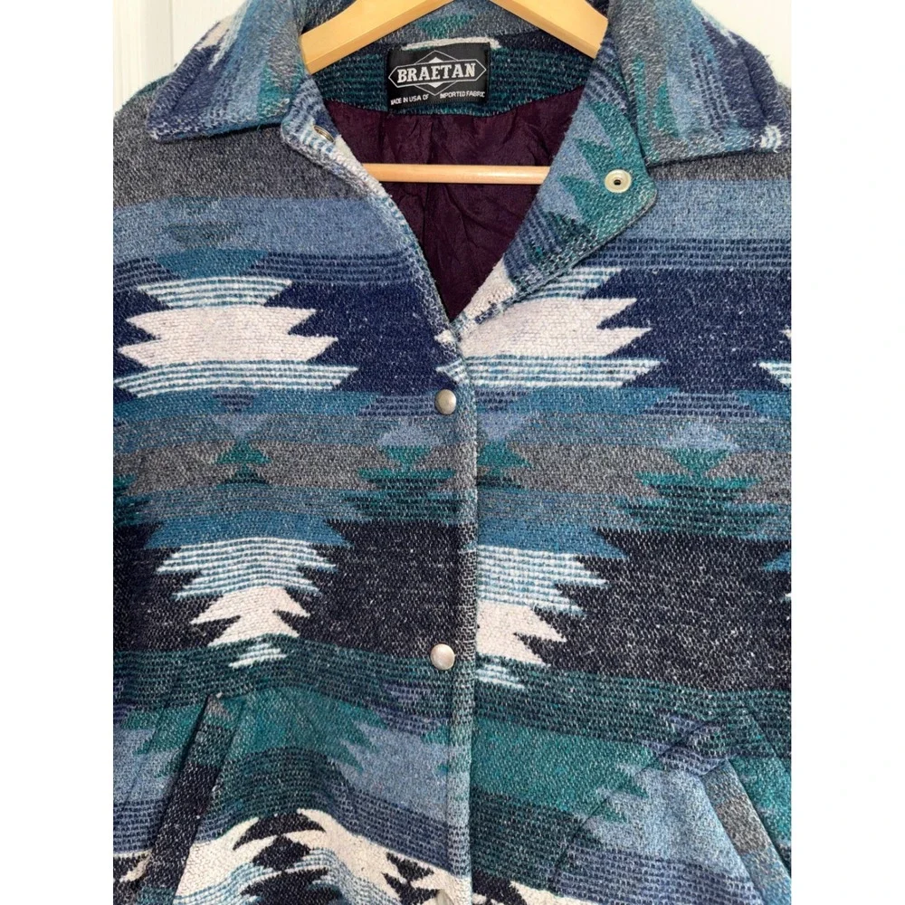 Vintage Braetan Southwestern Blanket Jacket Made USA Aztec Teal Blue WesternCoat